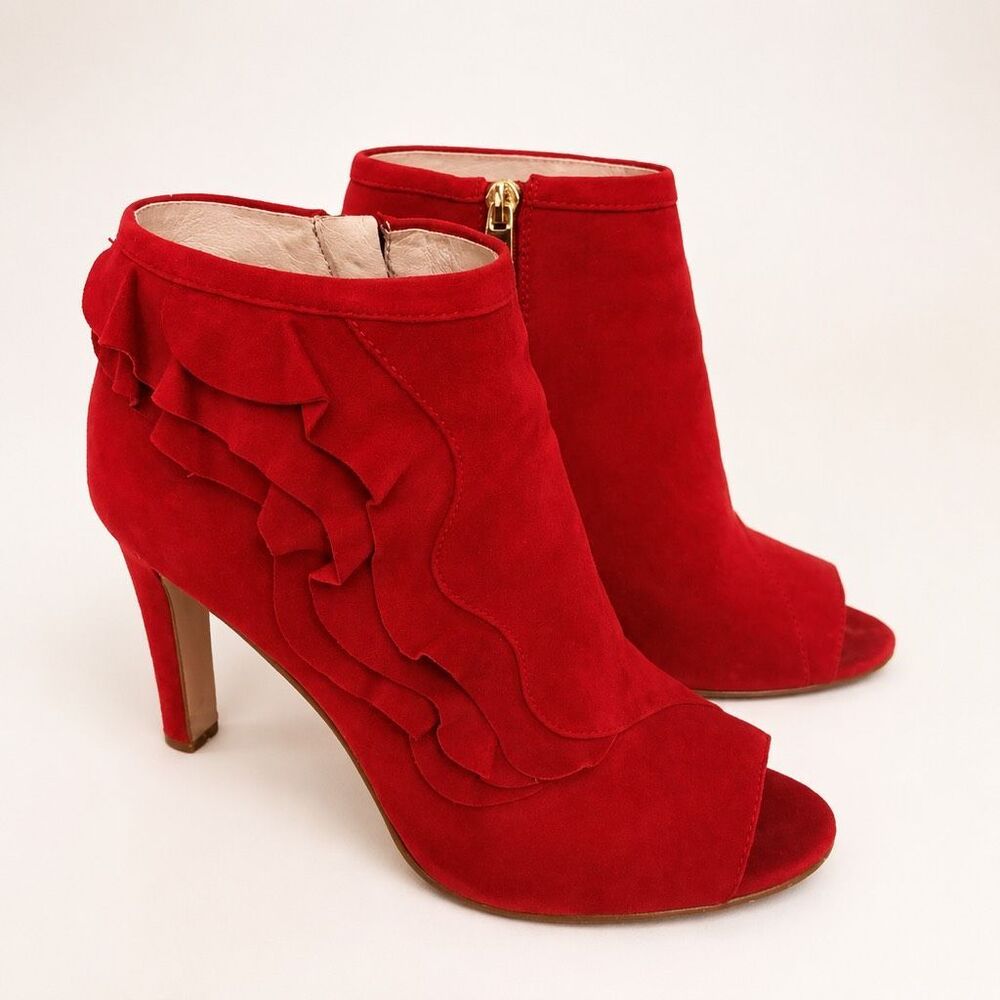 Louise et Cie Red Suede Ruffle Open-Toe High Heel Ankle Booties
